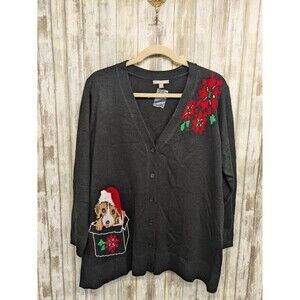 Woman Within Ugly Christmas Sweater Cardigan Dog Poinsettias 2X NWOT